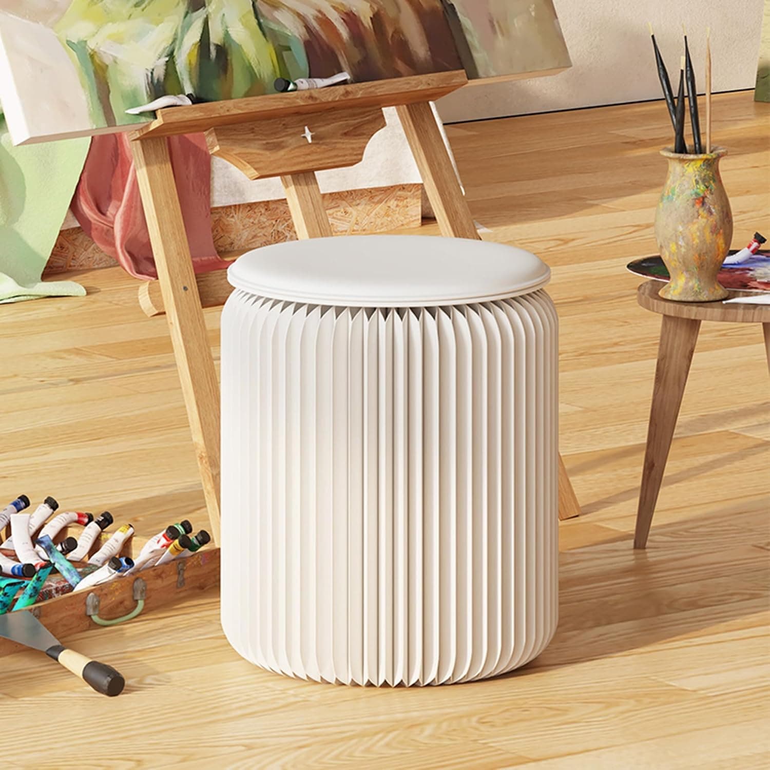 HELLOpoper Creative Fashion Cowhide Round Stool,Foldable,No Assembly Required,Suitable for Various Scenarios:Living Room,Bedroom,Exhibition,