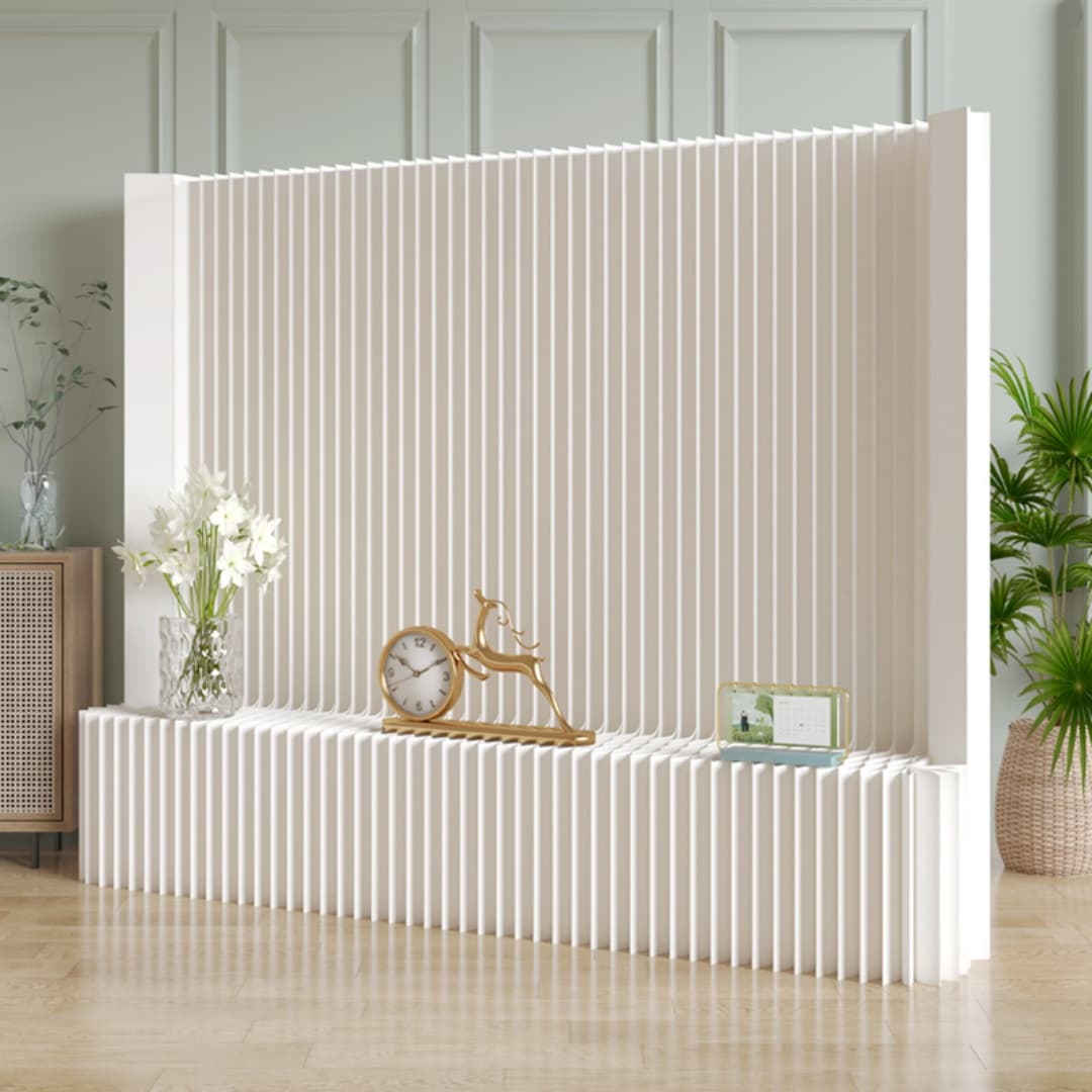 Paper display wall forming an L-shaped exhibition booth backdrop