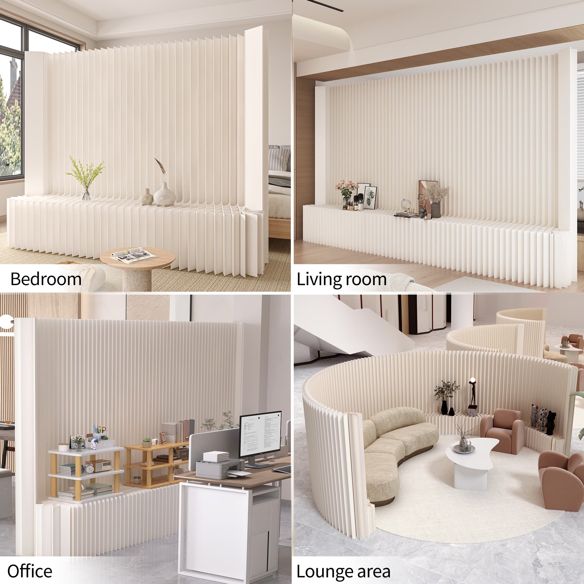 The paper display wall dividing four spaces: bedroom, living room, office and lounge area