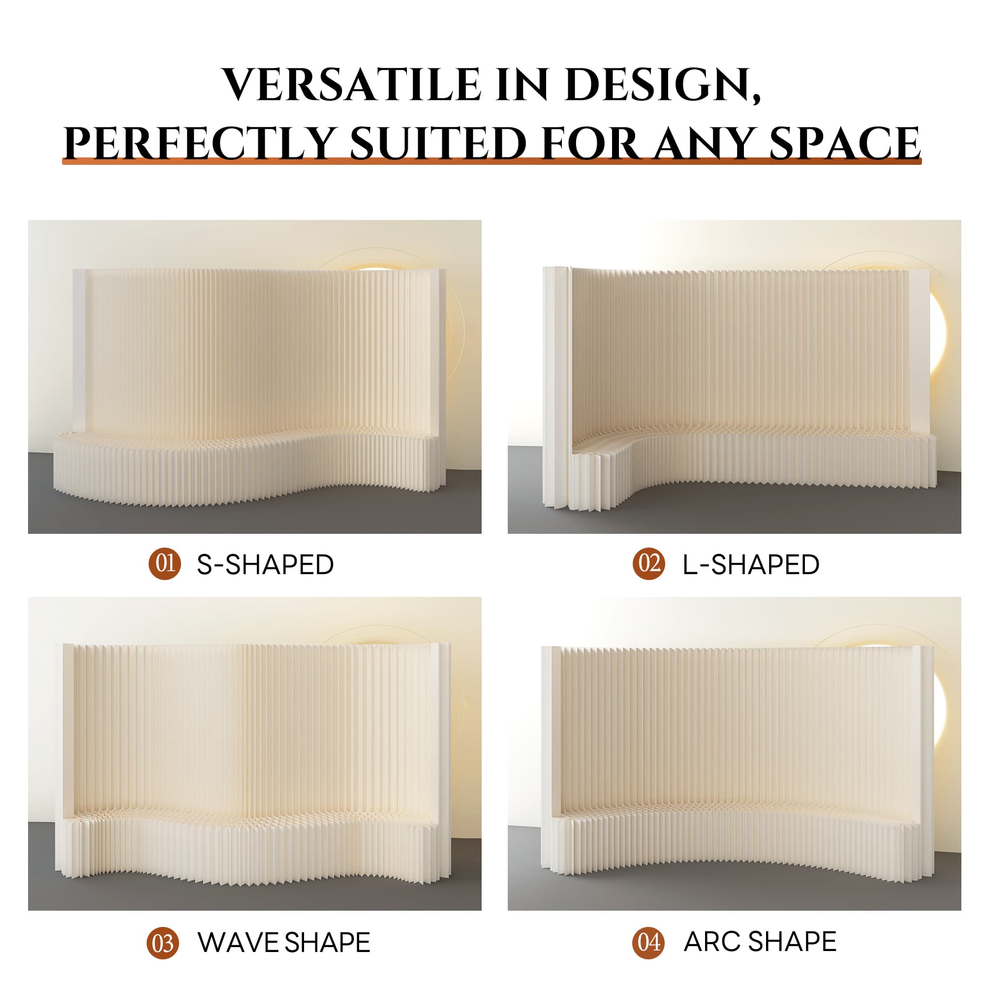 One folding screen bent into S-shape, L-shape, wave and arc configurations