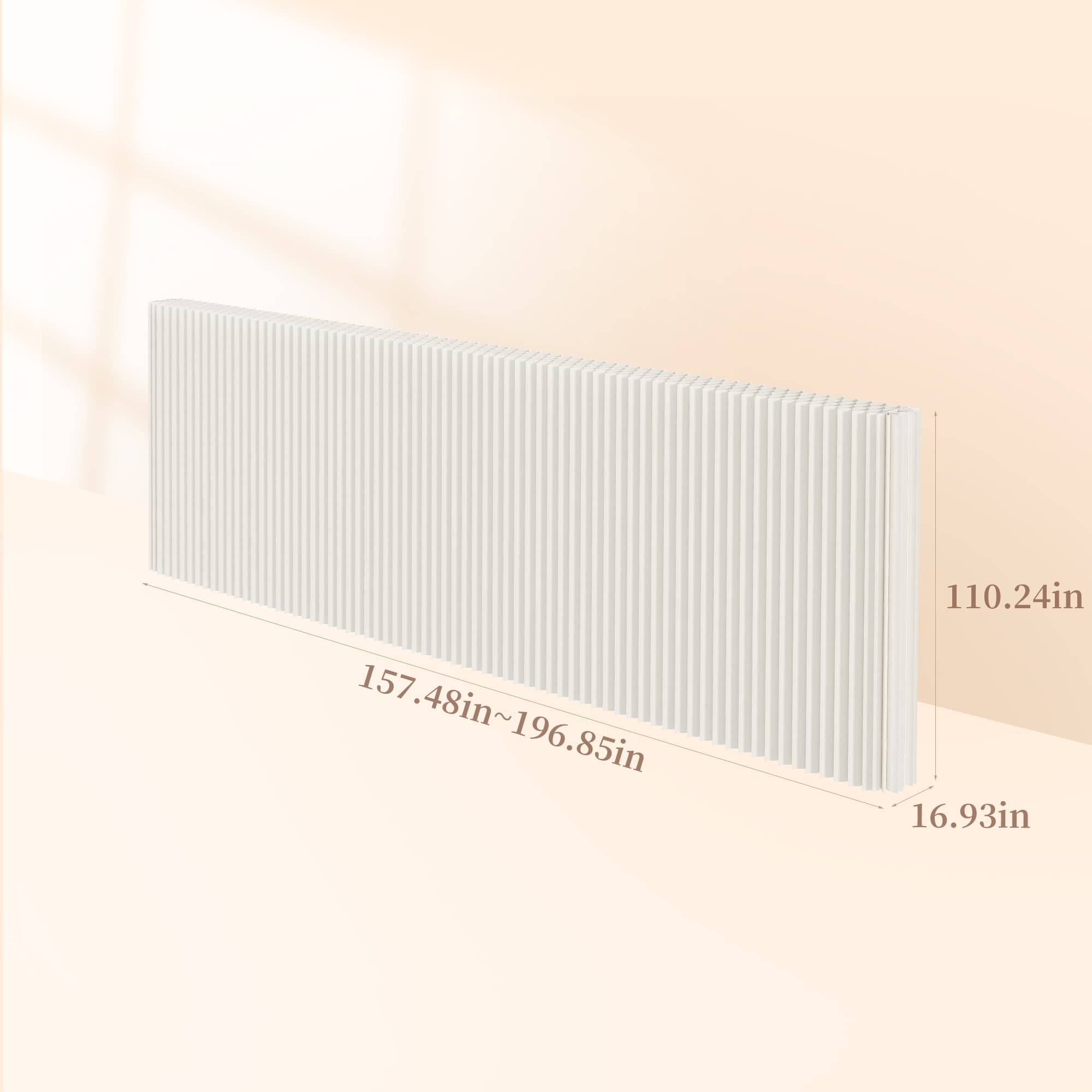 White foldable room divider, 2.8 m high × 5 m long