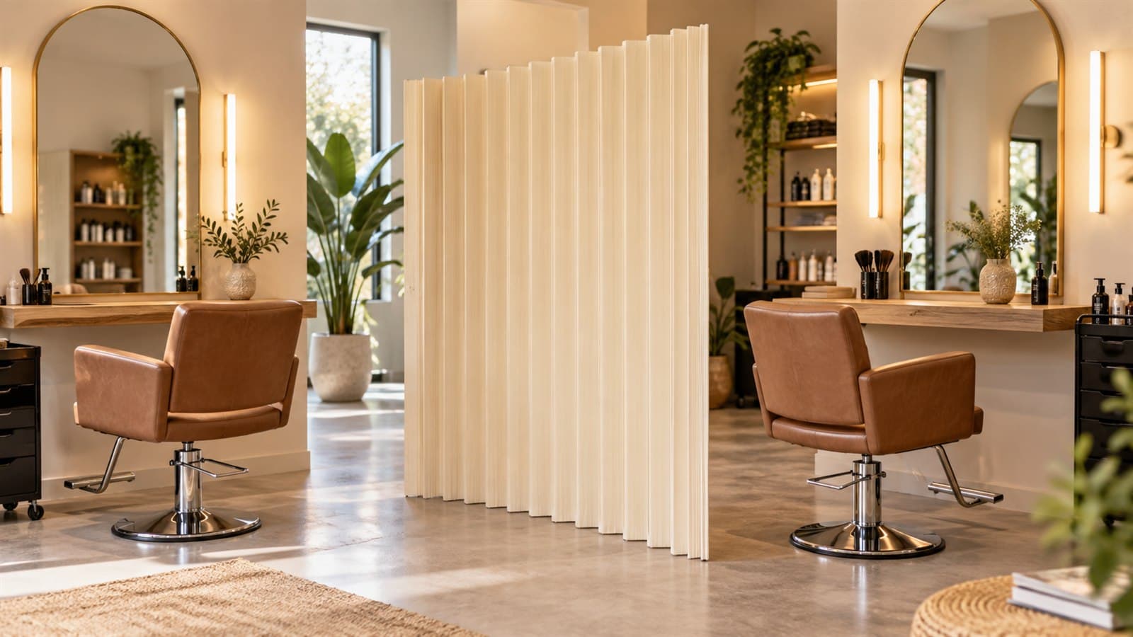 Cream foldable privacy divider between two modern salon stations