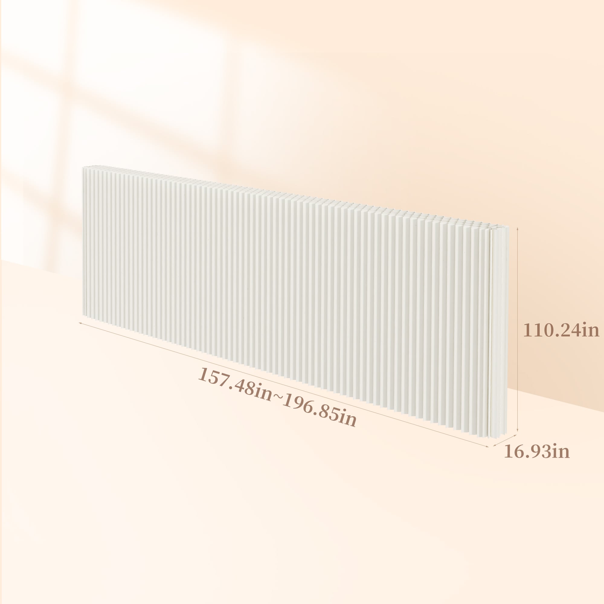 White foldable room divider, 2.8 m high × 5 m long